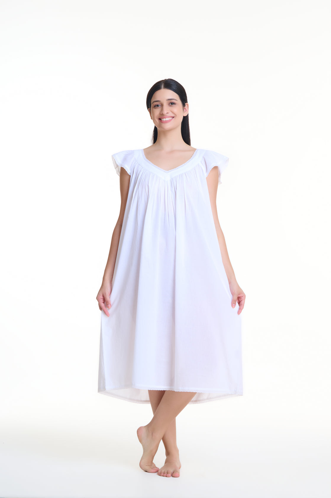 Arabella Capped sleeve cotton nightie MD748 | white cotton nightie