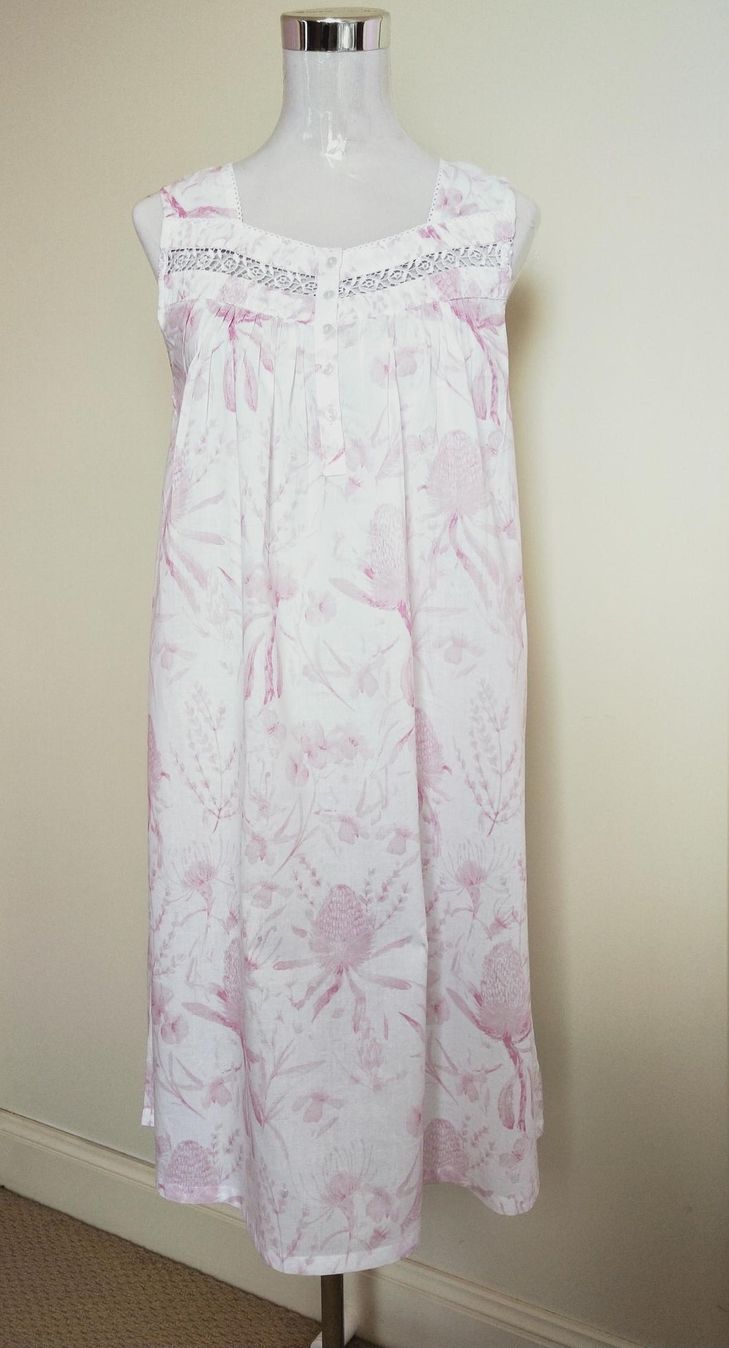 French Country ladies pure cotton nightie in Blush Banksia Print | Sydney Australia