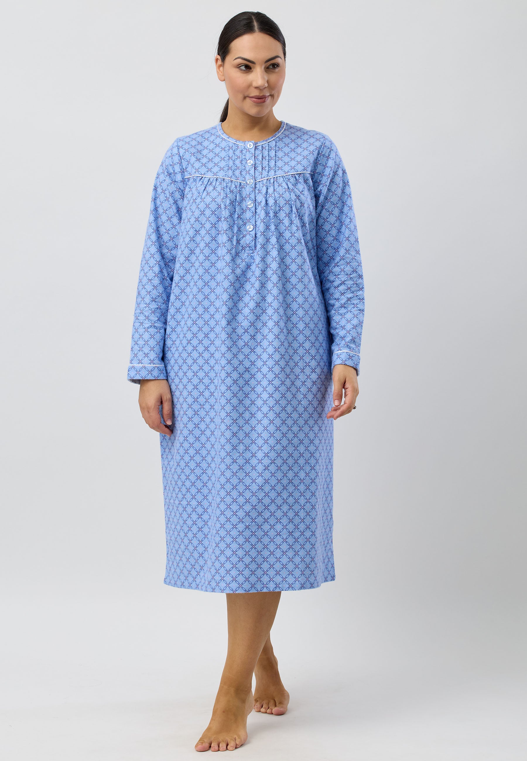 Schrank Mid Length Cotton Flannelette Nightie in Blue Lattice SK611L5