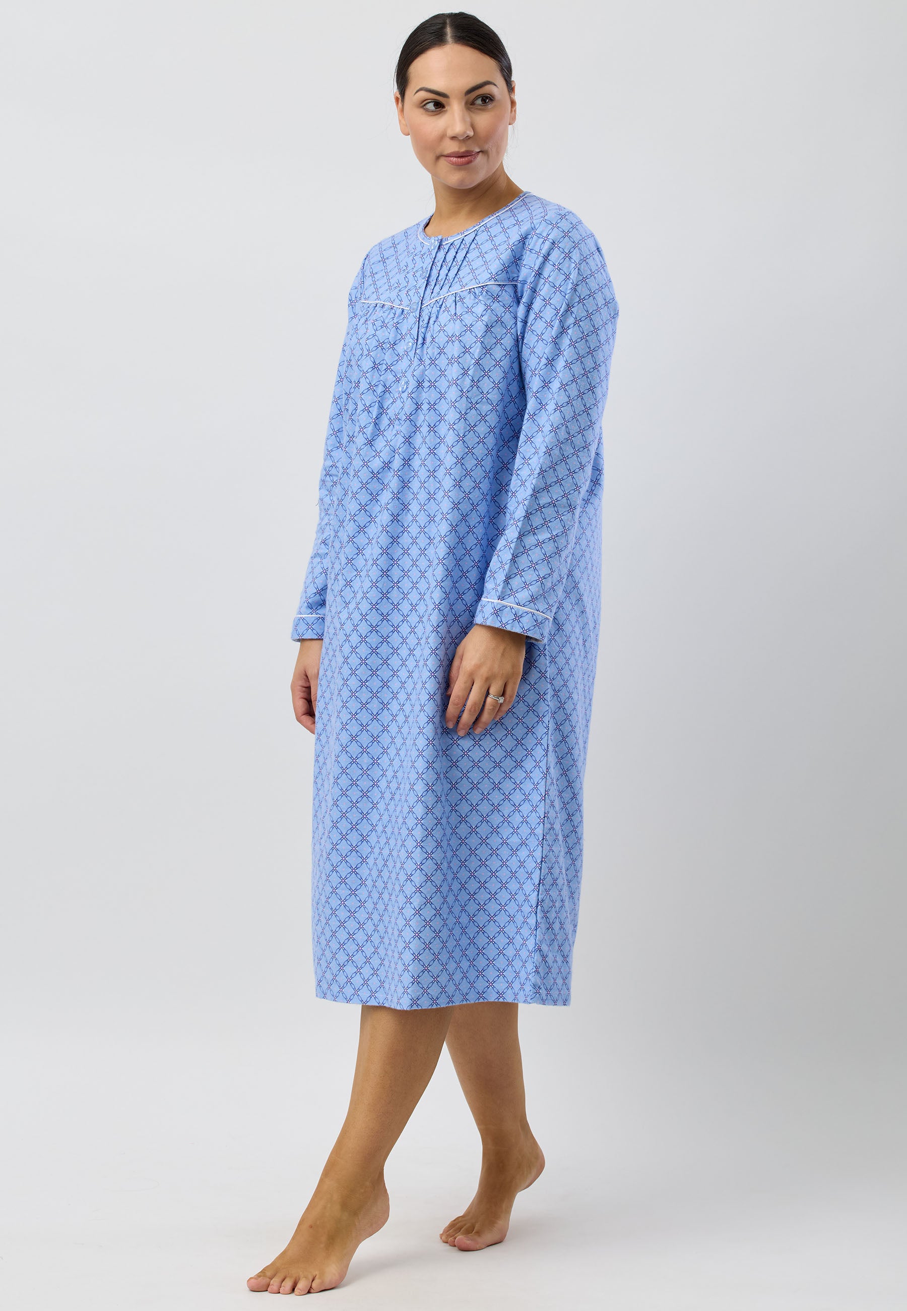 Schrank Mid Length Cotton Flannelette Nightie in Blue Lattice SK611L5