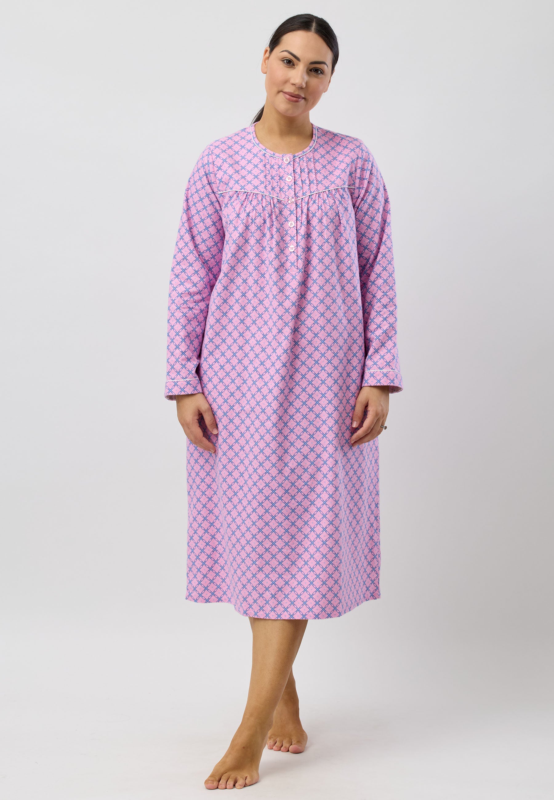 Schrank Mid Length Cotton Flannelette Nightie in Blue Lattice SK611L5