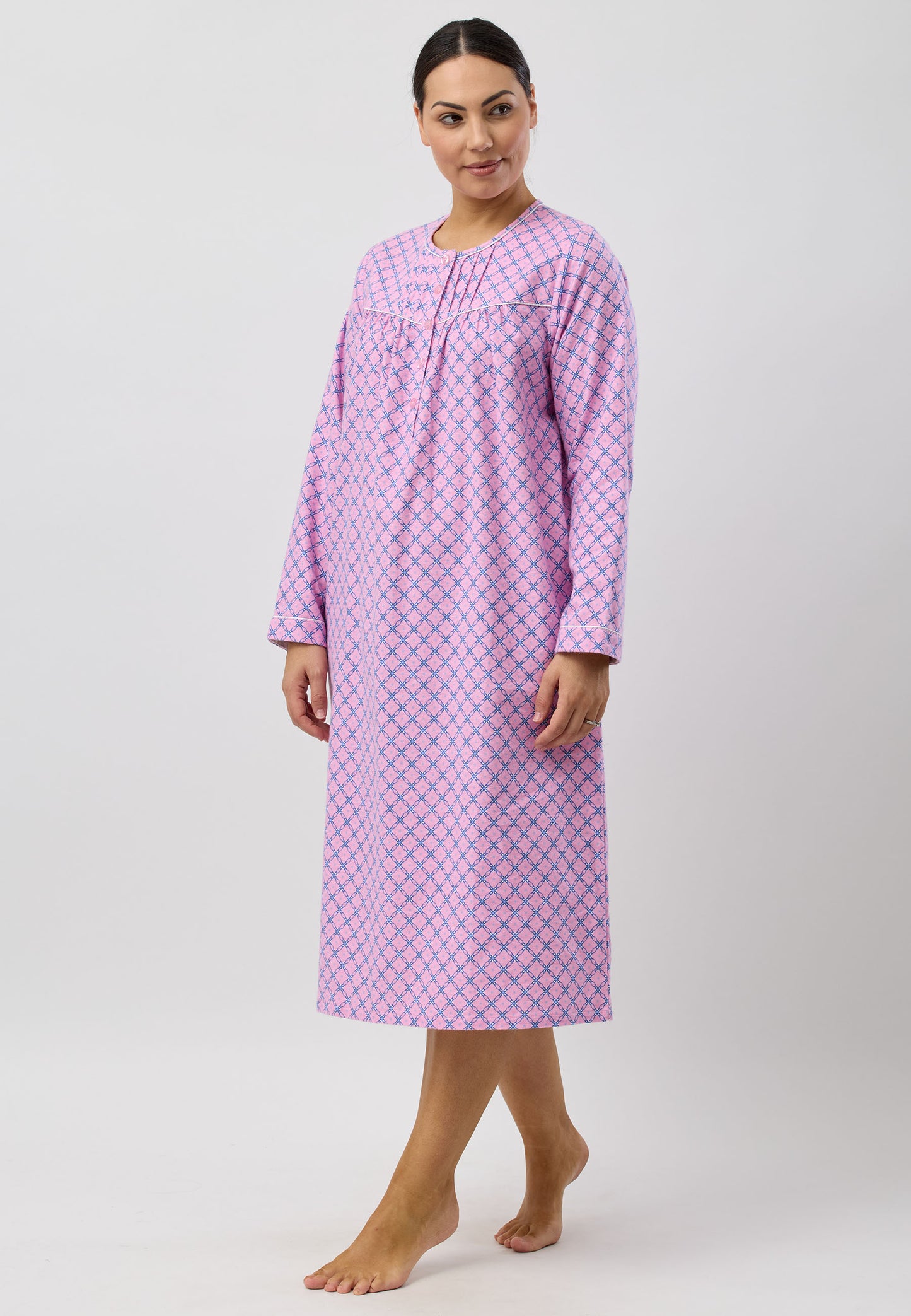 Schrank Mid Length Cotton Flannelette Nightie in Blue Lattice SK611L5
