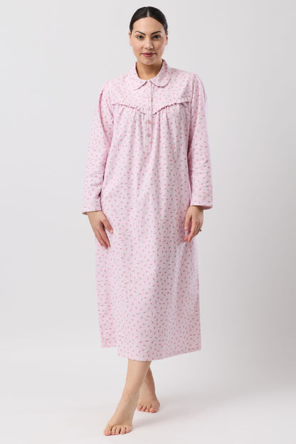 Schrank Rose Spot Long Cotton Flannelette Nightie in Pink SK618R6