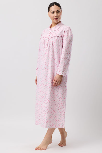 Schrank Rose Spot Long Cotton Flannelette Nightie in Pink SK618R6
