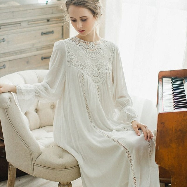 Womens Victorian Vintage 100% Cotton Nightgown Soft Short Sleeve Long  Loungewear